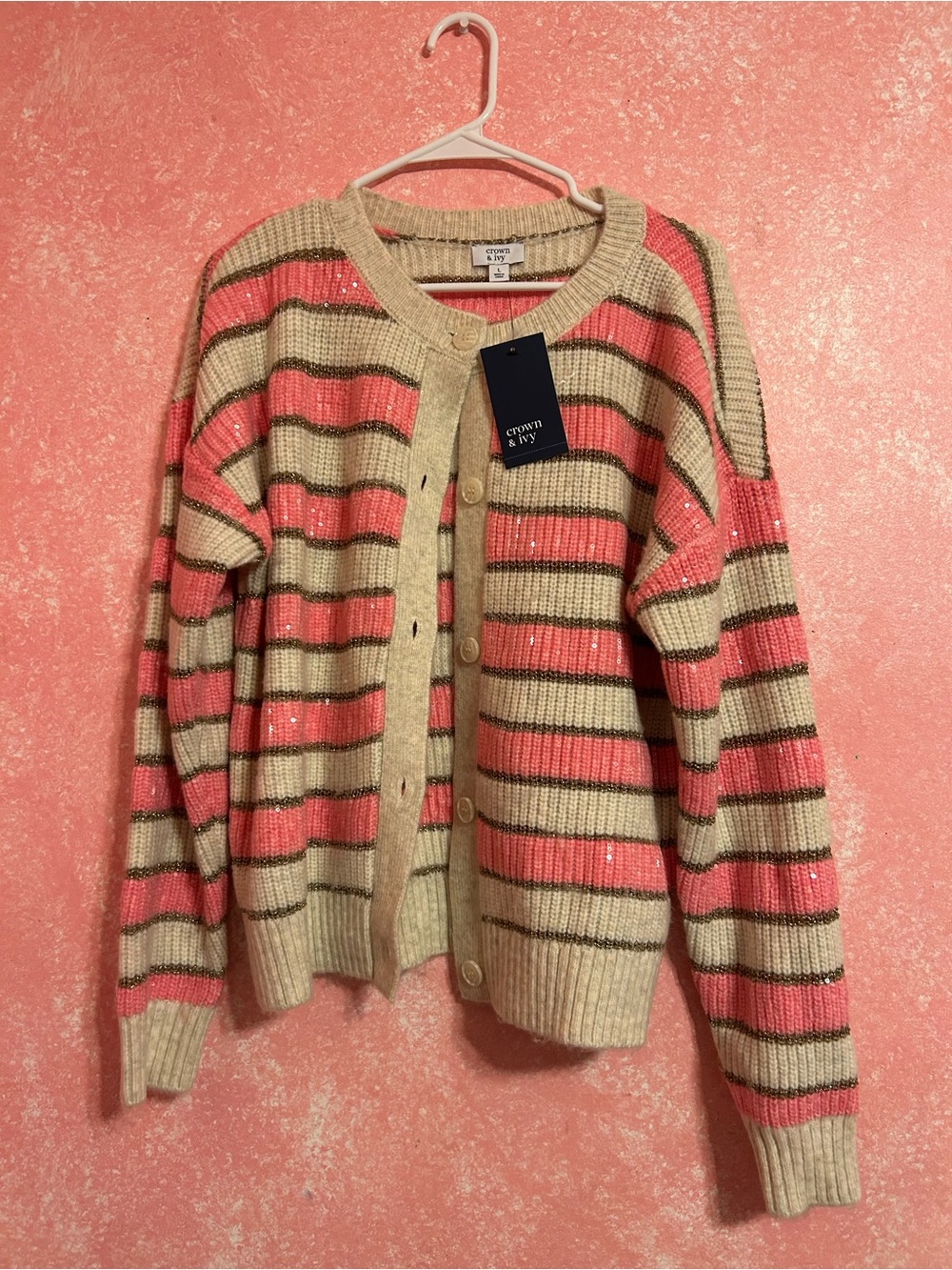 crown & ivy Pink and Cream Striped Sequin Cardigan